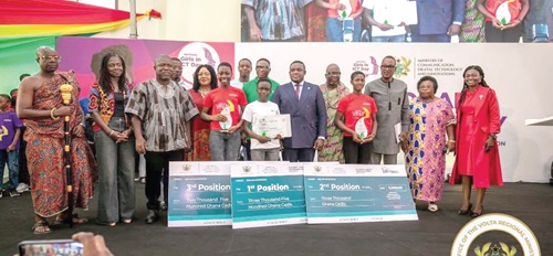 Samuel Nartey George (arrowed), Minister of Communication, Digital Technology and Innovation; James Gunu (3rd from left), Volta Regional Minister, and Prof. Lydia Aziato (2nd from right), Vice-Chancellor, UHAS, with some dignitaries and award winners