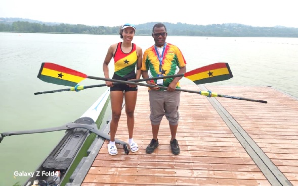 • Natalie Weber (left) is enjoying support from Alhaji Kamal Sulley, Ghana Rowing President, at the 2024 World Rowing Cup