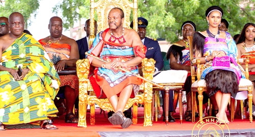 King Mswati III, Leader of the Kingdom of Eswatini, seated with his entourage. With them include Ahmed Ibrahim (left), Minister of Local Government, Chieftaincy and Religious Affairs