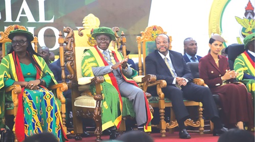 The Asantehene, Osei Tutu II (2nd from left), with King Mswati III (2nd right), Leader of the Kingdom of Eswatini, seated at the Great Hall, KNUST. Those with them are Nontsetselelo Magongo (right) and Prof. Rita Akosua Dickson (left), VC, KNUST The Asantehene, Osei Tutu II (2nd from left), with King Mswati III (2nd right), Leader of the Kingdom of Eswatini, seated at the Great Hall, KNUST. Those with them are Nontsetselelo Magongo (right) and Prof. Rita Akosua Dickson (left), VC, KNUST