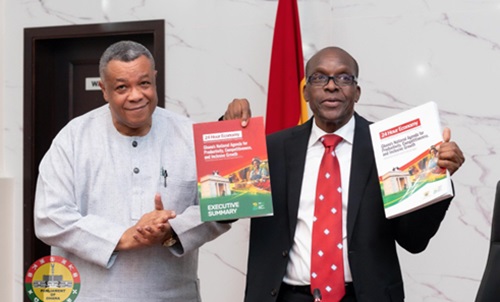 Alban Bagbin (right), Speaker of Parliament, and Goosie Tanoh, Presidential Advisor on 24-hour Economy Programme, displaying the documents Alban Bagbin (right), Speaker of Parliament, and Goosie Tanoh, Presidential Advisor on 24-hour Economy Programme, displaying the documents