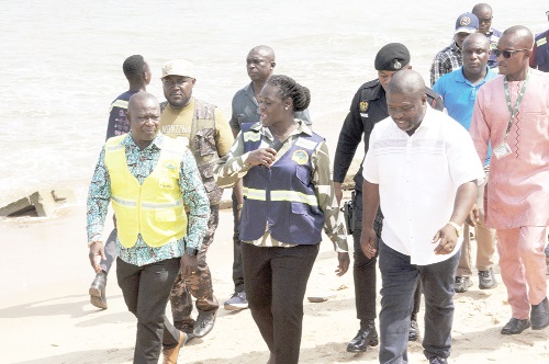  Professor Nana Ama Brown Klutse (middle), EPA CEO; James Gunu, Volta Regional Minister, and some officials of EPA touring the flood scenes in the area