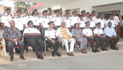 Mohammed-Mubarak Muntaka (4th from left), Minister for the Interior, with management of the Ghana National Fire Service after the visit at the Headquarters in Accra. Picture: SAMUEL TEI ADANO