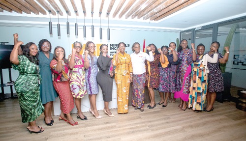 Justina Nelson (middle), acting Chief Executive Officer of MIIF, Dr Georgette Barnes Sakyi-Addo (7th from right), President of the Women in Mining Ghana, and some female staff of the MIIF after the programme. Picture: DOUGLAS ANANE-FRIMPONG Justina Nelson (middle), acting Chief Executive Officer of MIIF, Dr Georgette Barnes Sakyi-Addo (7th from right), President of the Women in Mining Ghana, and some female staff of the MIIF after the programme. Picture: DOUGLAS ANANE-FRIMPONG