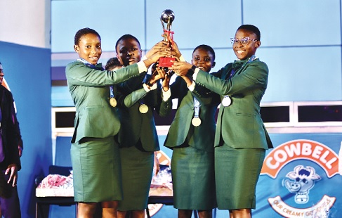 Contestants from Gomoa Senior High Technical lifting the Cowbell-GES Independence Day Debate trophy Contestants from Gomoa Senior High Technical lifting the Cowbell-GES Independence Day Debate trophy