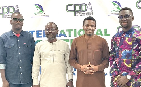 Benjamin Offei-Addo (right), the keynote speaker; Professor Godwin Etse Sikanku (2nd from right), the Convener and Executive Director of the Centre for Public Discourse Analysis; Dr Paul Herzuah (2nd from left), guest of honour, and Pastor Alexander King Doku (left), a development advocate Benjamin Offei-Addo (right), the keynote speaker; Professor Godwin Etse Sikanku (2nd from right), the Convener and Executive Director of the Centre for Public Discourse Analysis; Dr Paul Herzuah (2nd from left), guest of honour, and Pastor Alexander King Doku (left), a development advocate