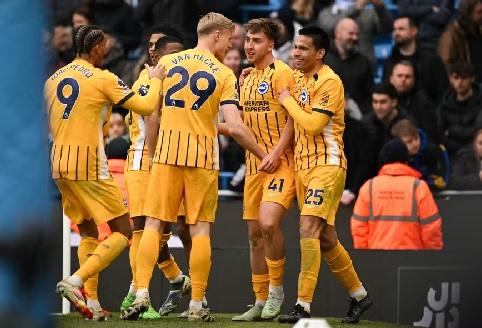 Brighton & Hove Albion players celebrating their achievement Brighton & Hove Albion players celebrating their achievement