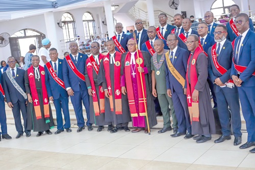 Rt. Rev. Andrew Mbeah-Baiden (holding staff), Bishop of the Northern Accra Diocese of the Methodist Church Ghana, and other Clergy and officers of the Northern Accra Diocese of the Association of Methodist Men’s Fellowship during the induction service at the Prof. K. A. Dickson Memorial Methodist Church at Ashongman, Accra Rt. Rev. Andrew Mbeah-Baiden (holding staff), Bishop of the Northern Accra Diocese of the Methodist Church Ghana, and other Clergy and officers of the Northern Accra Diocese of the Association of Methodist Men’s Fellowship during the induction service at the Prof. K. A. Dickson Memorial Methodist Church at Ashongman, Accra
