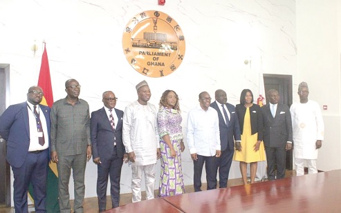 Nana Tawiah Okyir (left), Secretary, PSB; Isaac Asiamah Amoako (2nd from left); Second Deputy Speaker; Ebenezer Ahumah Djietror (3rd from left), Clerk to Parliament; Mahama Ayariga (4th from left), Majority Leader; Angela Oforiwaa Alorwu-Tay (5th from left), former MP of Afadjato South, Alban Sumana Kingsford Bagbin (5th from right), Speaker of Parliament; Dr Mark Assibey-Yeboah (4th from right), former MP of New Juaben South; Linda Gyekye Boadu (3rd from right), Alexander Kwamena Afenyo-Markin (2nd right), Minority Leader, and Bernard Ahiafor (right), First Deputy Speaker of Parliament Nana Tawiah Okyir (left), Secretary, PSB; Isaac Asiamah Amoako (2nd from left); Second Deputy Speaker; Ebenezer Ahumah Djietror (3rd from left), Clerk to Parliament; Mahama Ayariga (4th from left), Majority Leader; Angela Oforiwaa Alorwu-Tay (5th from left), former MP of Afadjato South, Alban Sumana Kingsford Bagbin (5th from right), Speaker of Parliament; Dr Mark Assibey-Yeboah (4th from right), former MP of New Juaben South; Linda Gyekye Boadu (3rd from right), Alexander Kwamena Afenyo-Markin (2nd right), Minority Leader, and Bernard Ahiafor (right), First Deputy Speaker of Parliament