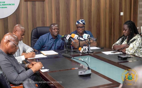 Emmanuel Armah-Kofi Buah (3rd from right), Minister of Lands and Natural Resources, addressing the media Emmanuel Armah-Kofi Buah (3rd from right), Minister of Lands and Natural Resources, addressing the media