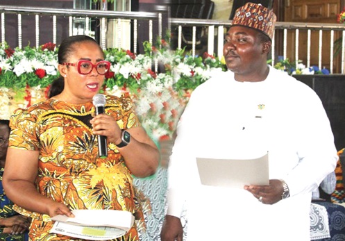 Linda Obenewaa Akweley Ocloo (left), Greater Accra Regional Minister, administering the oath of office to Haruna Mohammed Awal (right), MCE for Ayawaso North, after his confirmation Linda Obenewaa Akweley Ocloo (left), Greater Accra Regional Minister, administering the oath of office to Haruna Mohammed Awal (right), MCE for Ayawaso North, after his confirmation