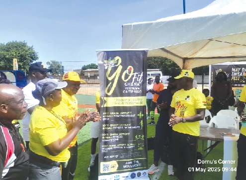 William Kartey (right), Nana Mankatah, Charles Owusu-Ansah and other dignitaries applaud as the official logo of the Go-Fit Ghana campaign is unveiled and launched William Kartey (right), Nana Mankatah, Charles Owusu-Ansah and other dignitaries applaud as the official logo of the Go-Fit Ghana campaign is unveiled and launched