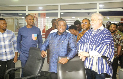 Samuel Nartey George (middle), Minister of Communications, Digital Technology and Innovation, addressing staff of AirtelTigo during the tour with Leo Skarlatos (right), Chief Executive Officer of AirtelTigo. Picture: CALEB VANDERPUYE Samuel Nartey George (middle), Minister of Communications, Digital Technology and Innovation, addressing staff of AirtelTigo during the tour with Leo Skarlatos (right), Chief Executive Officer of AirtelTigo. Picture: CALEB VANDERPUYE