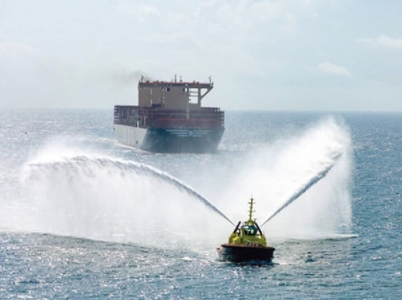 MSC Türkiye being ushered to dock at the Tema Port with a water salute, symbolising great respect, honour and celebrations. Giant sets sail in Tema