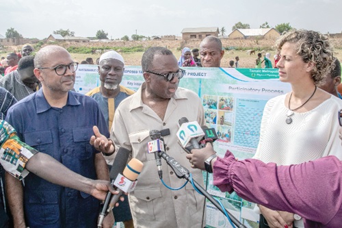  Jules-Armand Aniambossou (middle), French Ambassador to Ghana, briefing the media during the tour 