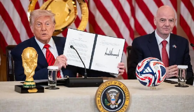 President Trump opened the meeting of the 2026 World Cup taskforce. With him is Gianni Infantini, FIFA President President Trump opened the meeting of the 2026 World Cup taskforce. With him is Gianni Infantini, FIFA President