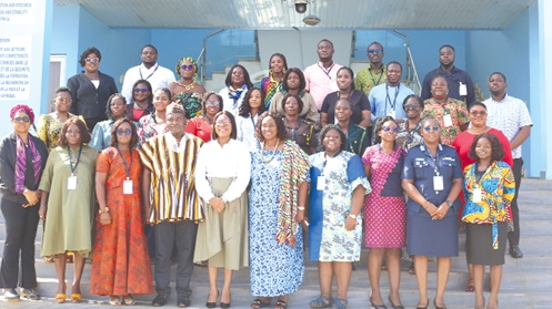 Vera Karikari Bediako (3rd from left), Director, MoGCSP; Sylvia Nutsukpui (5th from left), Director, PPMED, KAIPTC; Joana Opare (5th from right), Dorothy Barnes (4th from right) and the participants during the opening of the workshop in Accra. Picture: BENEDICT OBUOBI Vera Karikari Bediako (3rd from left), Director, MoGCSP; Sylvia Nutsukpui (5th from left), Director, PPMED, KAIPTC; Joana Opare (5th from right), Dorothy Barnes (4th from right) and the participants during the opening of the workshop in Accra. Picture: BENEDICT OBUOBI
