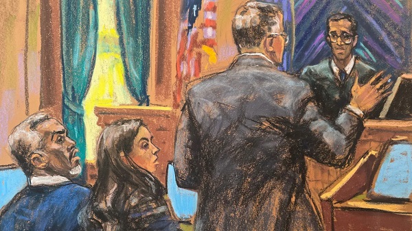 Sean "Diddy" Combs sits with defense lawyer Teny Geragos before US District Judge Arun Subramanian as his lawyer Marc Agnifilo stands asking for the return of a potential juror for further questioning, at Combs' sex trafficking trial in New York City, May 7, 2025 in this courtroom sketch. Jane Rosenberg/Reuters Sean "Diddy" Combs sits with defense lawyer Teny Geragos before US District Judge Arun Subramanian as his lawyer Marc Agnifilo stands asking for the return of a potential juror for further questioning, at Combs' sex trafficking trial in New York City, May 7, 2025 in this courtroom sketch. Jane Rosenberg/Reuters