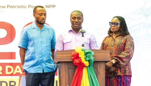 Alexander Afenyo-Markin (middle), Minority Leader, addressing the press conference. With him are Patricia Appiagyei (right), Deputy Minority Leader, and Jerry Ahmed Shaib (left), Second Deputy Minority Chief Whip Alexander Afenyo-Markin (middle), Minority Leader, addressing the press conference. With him are Patricia Appiagyei (right), Deputy Minority Leader, and Jerry Ahmed Shaib (left), Second Deputy Minority Chief Whip
