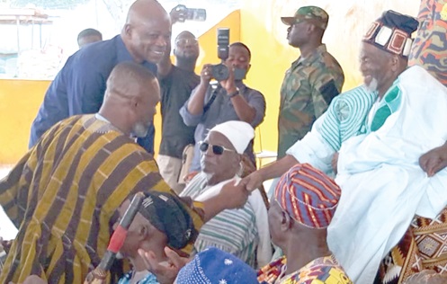 Kenneth Gilbert Adjei (left in smock), Minister of Works, Housing and Water Resources, exchanging pleasantries with Ya-Na Abukari II (right), Overlord of Dagbon, at the Gbewaa Palace in Yendi Kenneth Gilbert Adjei (left in smock), Minister of Works, Housing and Water Resources, exchanging pleasantries with Ya-Na Abukari II (right), Overlord of Dagbon, at the Gbewaa Palace in Yendi