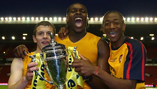 Emmanuel-Thomas (centre) captained Arsenal to FA Youth Cup victory, aged 16. His team-mates included future England star Jack Wilshere (left) Emmanuel-Thomas (centre) captained Arsenal to FA Youth Cup victory, aged 16. His team-mates included future England star Jack Wilshere (left)