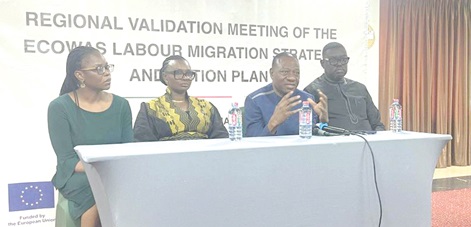 Dr Abdul Rashid Hassan Pelpuo (2nd from right), Minister of Labour, Jobs and Employment, addressing journalists at the validation meeting. With him are Adaeze Molokwu (left), Programme Support Officer, African Union Commission; Fatou Diallo Ndiaye (2nd from left), IOM Chief of Mission for Ghana, Togo and Benin, and Albert Siaw-Boateng, Director of Free Movement at the ECOWAS Commission