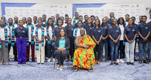Nana Kobina Nketsia V (seated right), President of the Western Regional House of Chiefs, with Kadijah Amoah (left), CEO of Pecan Energies, and the scholarship beneficiaries after the event. Picture: CALEB VANDERPUYE