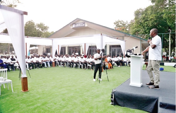Kofi Adams (right), Minister of Sports and Recreation, addressing members of the Keep Fit club during the inauguration Kofi Adams (right), Minister of Sports and Recreation, addressing members of the Keep Fit club during the inauguration