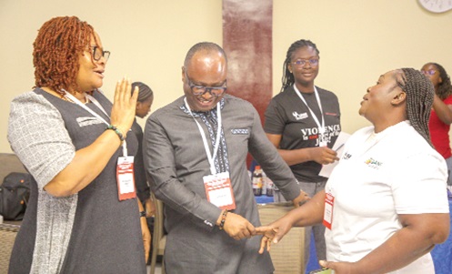 John Nkaw (middle), Country Director, ActionAid Ghana, in a chat with Mary Awelana Addah (left), Executive Director, Transparency International Ghana, and Harriet Nuamah Agyemang (right), Country  Director, SEND Ghana, after the event. Picture: CALEB VANDERPUYE 