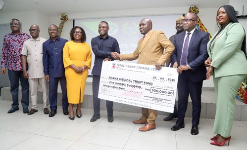 Kwabena Mintah Akandoh (5th from left), Minister of Health, receiving a cheque for GH¢500,000 from Alhaji Seidu Agongo (3rd from right), Group Chairman, Alive Industries, for the MahamaCares Initiative in Accra. With them are staff of the Ministry of Health and the company. Picture: SAMUEL TEI ADANO Kwabena Mintah Akandoh (5th from left), Minister of Health, receiving a cheque for GH¢500,000 from Alhaji Seidu Agongo (3rd from right), Group Chairman, Alive Industries, for the MahamaCares Initiative in Accra. With them are staff of the Ministry of Health and the company. Picture: SAMUEL TEI ADANO