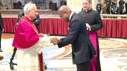 Samuel Okudzeto Ablakwa (right), Foreign Affairs Minister, exchanging pleasantries with Pope Leo XIV (left) at the ceremony Samuel Okudzeto Ablakwa (right), Foreign Affairs Minister, exchanging pleasantries with Pope Leo XIV (left) at the ceremony