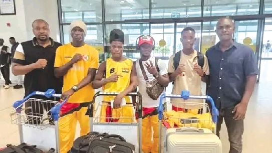 Coach Joseph Martey in a pose with GBF 1st Vice-President, Dauda Fuseni (left) and Treasurer Mustapha Nettey (right) before their departure last Saturday at the Kotoka International Airport Coach Joseph Martey in a pose with GBF 1st Vice-President, Dauda Fuseni (left) and Treasurer Mustapha Nettey (right) before their departure last Saturday at the Kotoka International Airport
