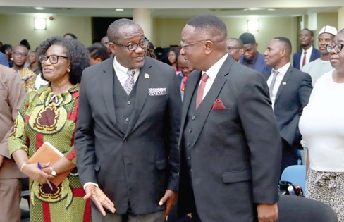 Prof. Philip Ebow Bondzi-Simpson (2nd from left), Founding Dean, Faculty of Law of the University of Cape Coast, interacting with Prof. Bill Puplampu (right), Vice-Chancellor, Central University, after his lecture in Accra. Picture: ELVIS NII NOI DOWUONA Prof. Philip Ebow Bondzi-Simpson (2nd from left), Founding Dean, Faculty of Law of the University of Cape Coast, interacting with Prof. Bill Puplampu (right), Vice-Chancellor, Central University, after his lecture in Accra. Picture: ELVIS NII NOI DOWUONA
