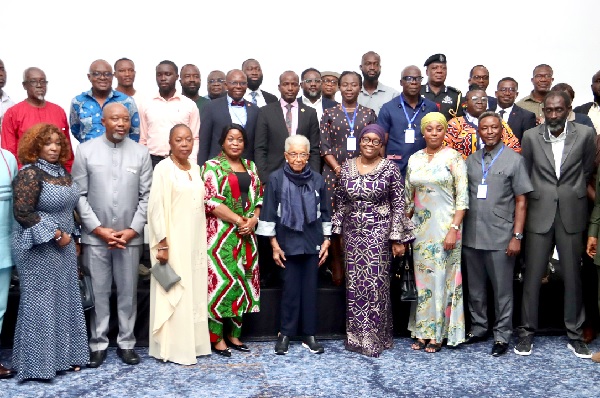 Ellen Johnson Sirleaf (middle), Former President of Liberia with Sara Beysolow Nyanti (4th from right), Minister of Foreign Affairs, Republic of Liberia; Musu Jatu Rhule (4th from left), Liberia Ambassador to Ghana and some dignitaries after the conference in Accra. Picture: ELVIS NII NOI DOWUONA Liberia open for business — Foreign Affairs Minister woos Ghanaian investors
