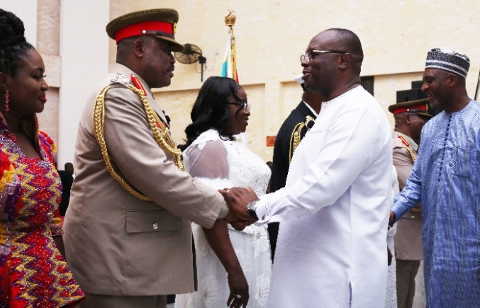 Dr Edward Omane Boamah (middle), Minister of defence congratulating General William Agyapong (left), chief of defence staff after the induction ceremony. Behind them is Muntaka Mubarik (right), Minister of Interior Picture: BENEDICT OBUOBI Dr Edward Omane Boamah (middle), Minister of defence congratulating General William Agyapong (left), chief of defence staff after the induction ceremony. Behind them is Muntaka Mubarik (right), Minister of Interior Picture: BENEDICT OBUOBI