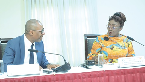 Abla Dzifa Gomashie (right), Minister of Tourism, Culture and Creative Arts, in a chat with Dr Roland Kouakou, acting Director, Education, Science and Culture Department of ECOWAS, at the workshop. Picture: EDNA SALVO KOTEY 