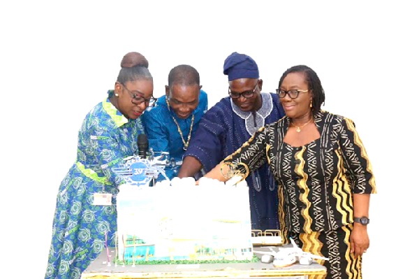 • Yvonne Nana Afriyie Opare (left), MD, GACL; Rev. Stephen Wilfred Arthur (2nd from left), DG, GCAA; John Kunyan Wumborti (3rd from left), Commissioner, AIB, and Juliet Okae, the Deputy DG (F&A), cutting the anniversary cake New air traffic tower in 2026 — GCAA boss