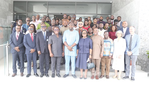 John Dumelo (5th from left), Deputy Minister of Food and Agriculture; Juliet Okae (5th from right), Deputy Director-General, GCAA; Cesar Velarde (right), Project Coordinator, ICAO Office of Environment, and Hassan S. Tampuli (4th from left), former Deputy Minister of Transport, and other dignitaries John Dumelo (5th from left), Deputy Minister of Food and Agriculture; Juliet Okae (5th from right), Deputy Director-General, GCAA; Cesar Velarde (right), Project Coordinator, ICAO Office of Environment, and Hassan S. Tampuli (4th from left), former Deputy Minister of Transport, and other dignitaries