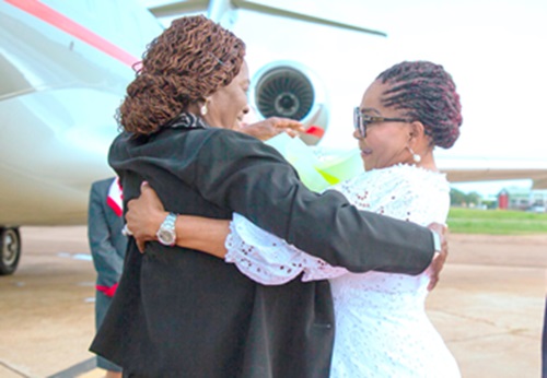 Lordina Mahama (right), First Lady, welcoming Vice-President Prof. Naana Jane Opoku-Agyemang with a warm embrace