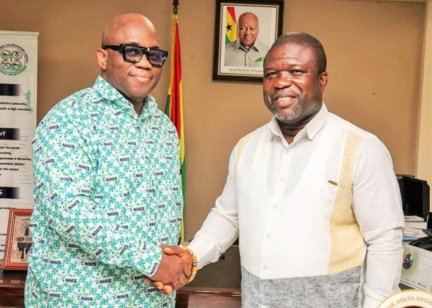 James Gunu (right), Volta Regional Minister welcoming Dr Victor Asare Bampoe, CEO of NHIA to his office National Health Insurance Authority will settle claims without delay – Dr Bampoe