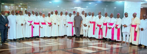 President Mahama (middle) flanked by Most Revd. Matthew Kwasi Gyamfi, President, Catholic Bishops’ Conference, and Ahmed Ibrahim, Minister of Local Government, Chieftaincy and Religious Affairs, with members of the Conference President Mahama (middle) flanked by Most Revd. Matthew Kwasi Gyamfi, President, Catholic Bishops’ Conference, and Ahmed Ibrahim, Minister of Local Government, Chieftaincy and Religious Affairs, with members of the Conference