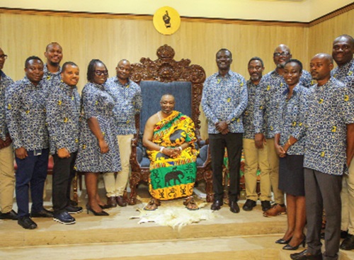 King Tackie Teiko Tsuru II (middle), Ga Mantse, with Victor Yaw Asante (4th from right), CEO of FirstBank Ghana, and other officials from FirstBank Ghana after the visit. Picture: CALEB VANDERPUYE