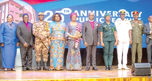 Justice Sophia Akuffo (5th from left), a former Chief Justice; Justice Professor Henrietta Mensa-Bonsu (4th from left), Chairman of Council of the Methodist University Ghana, and Most Rev. Prof. Johnson Kwabena Asamoah-Gyadu (4th from right), Presiding Bishop of the Methodist Church and Chancellor of the Methodist University Ghana, with other dignitaries