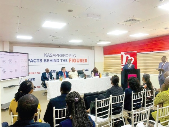 Abena Amoah (1st from right), MD, GSE; Richard Adjei (2nd from right), Chief Executive, Kasapreko PLC and some officials from Kasapreko at the GSE “Facts Behind the Figures" event GSE pushes for equity growth