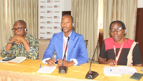 From left; Dr Yao Graham, Coordinator of Third World Network-Africa; Jane Nalunga, Country Director of SEATINI-Uganda; and Souleymane Barro, Executive Director of ENDA-CACID during the event