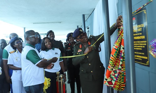 DCOS (med) Brig Gen Evelyn Vivian Abraham-Kwabiah (right), Commander of 37 Military Hospital and Acting Deputy Chief of Staff Medical and Prosper K. Appiah (2nd from left), Director of P.K Appiah Foundation unveiling a plaque to inaugurate the tuberculosis control unit office of the 37 Military Hospital. Looking on are Capt (GN) Harriet Manu (left), Officer in charge of the Public Health Division at the 37 Military Hospital and other dignitaries Picture: EDNA SALVO KOTEY