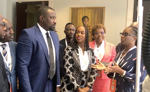 An Exhibitor explaining to John Setor Dumelo (2nd from left), Deputy Minister of Food and Agriculture; Fanta Conde (3rd from right), Allswell Abankwa (2nd from right) and other dignitaries about their products and services during an exhibition An Exhibitor explaining to John Setor Dumelo (2nd from left), Deputy Minister of Food and Agriculture; Fanta Conde (3rd from right), Allswell Abankwa (2nd from right) and other dignitaries about their products and services during an exhibition