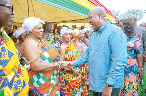President John Dramani Mahama (right) exchanging pleasantries with some members of the Bono East Regional House of Chiefs during the visit President John Dramani Mahama (right) exchanging pleasantries with some members of the Bono East Regional House of Chiefs during the visit