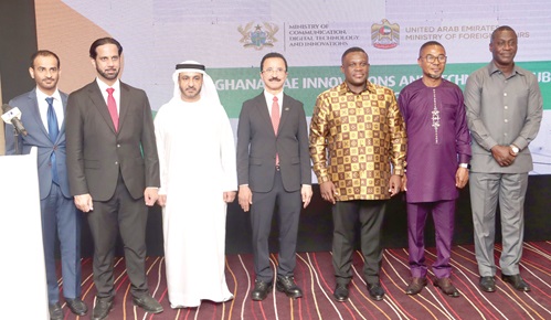 Sam Nartey George (3rd from right), Minister of Communication, Digital Technology and Innovations, with Sultan Ahmed Bin Sulayem (middle), Chairman of the Ports, Customs and Free Zone Corporation; Dr Abdulla Al Mandoos (3rd from left), United Arab Emirates Ambassador to Ghana; Ramses Cleland (right), Chief Director, Ministry of Foreign Affairs, and some dignitaries after signing the MoU. Picture: ELVIS NII NOI DOWUONA Sam Nartey George (3rd from right), Minister of Communication, Digital Technology and Innovations, with Sultan Ahmed Bin Sulayem (middle), Chairman of the Ports, Customs and Free Zone Corporation; Dr Abdulla Al Mandoos (3rd from left), United Arab Emirates Ambassador to Ghana; Ramses Cleland (right), Chief Director, Ministry of Foreign Affairs, and some dignitaries after signing the MoU. Picture: ELVIS NII NOI DOWUONA