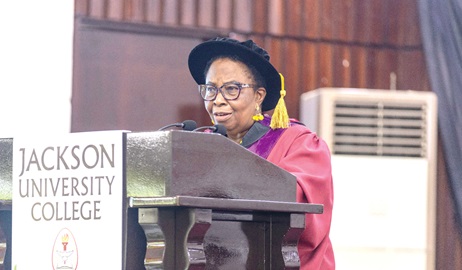 Theodosia Wilhemina Jackson (inset), Principal, Jackson University College, addressing the congregation